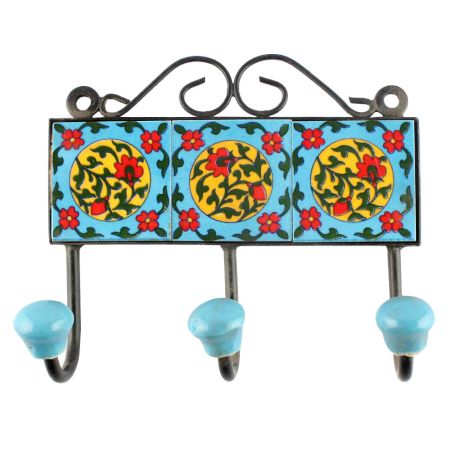 Turquoise Red Flower Ceramic Tiles Hooks